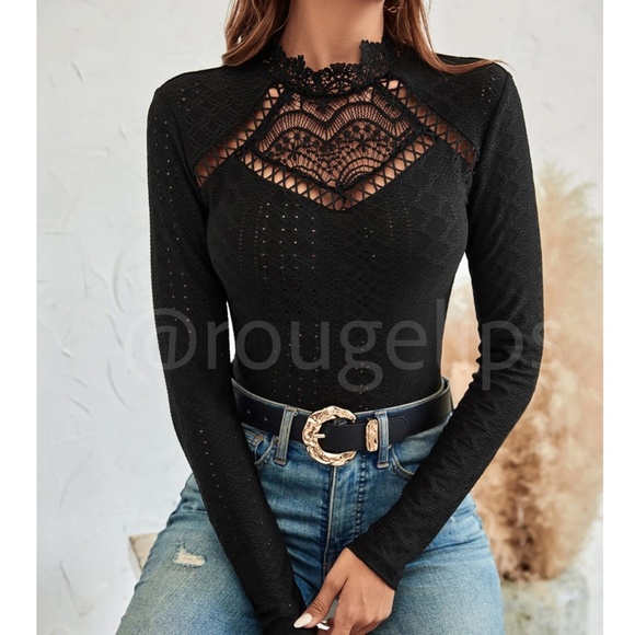 Black Lace Guipure Mock Neck Long Sleeve Bodysuit - Picture 1 of 10